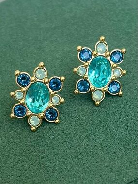 Swarovski Gold Teal & Blue Crystal & Opal Flower Burst Statement Stud Earrings